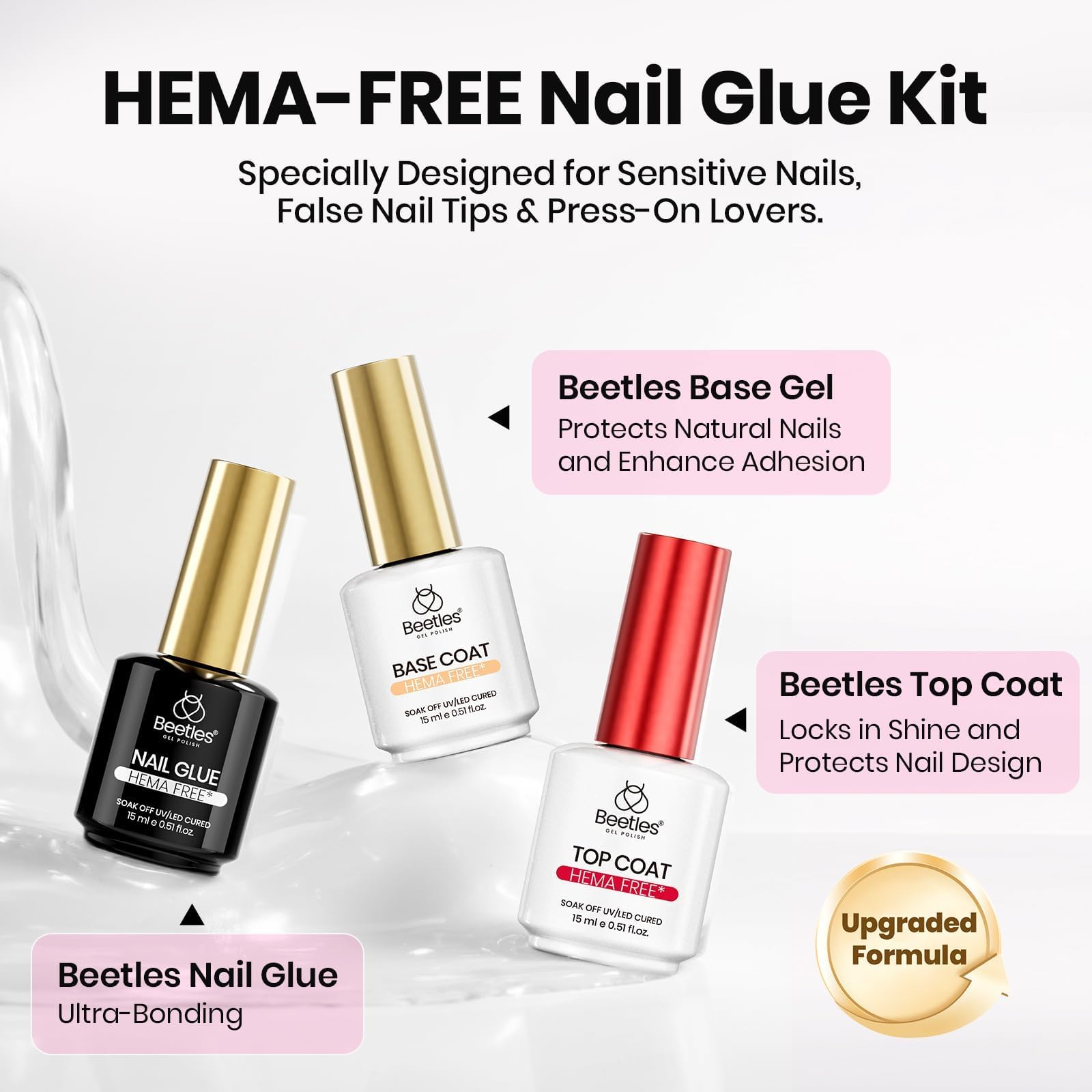 Beetles No-Wipe Top Coat bottle close-up delivering brilliant shine