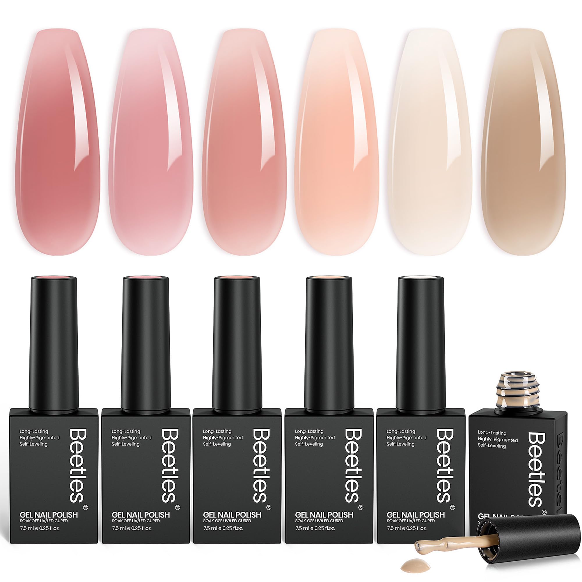 Beetles Nude gel polish set swatches show six versatile nude hues for sheer to opaque looks.