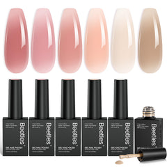Beetles Nude gel polish set swatches show six versatile nude hues for sheer to opaque looks.