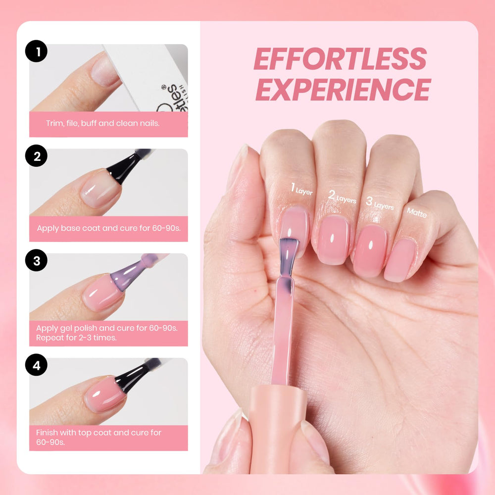 Beetles Nude Pink Gel Polish delivers a glossy finish on tips.