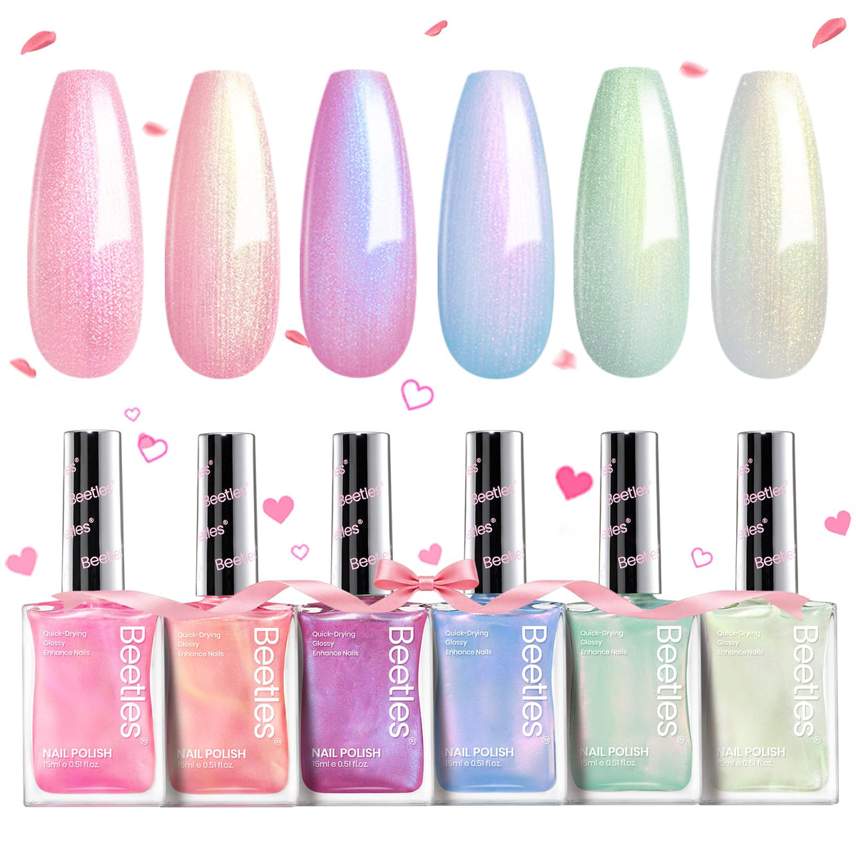 Beetles Pearl Nail Polish Mermaid Glow collection with six shimmering shades for quick-dry manicure