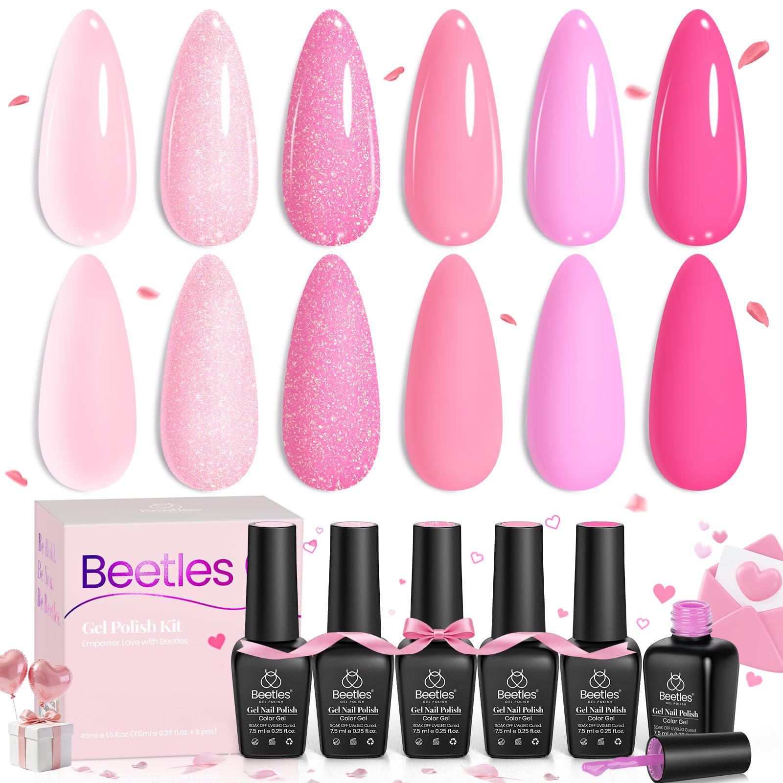 Beetles Pink Gel Nail Polish Set in hot pink glitter for at-home manicures