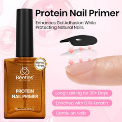 Beetles Protein Nail Primer bottle provides dual-action bond for stronger adhesion.