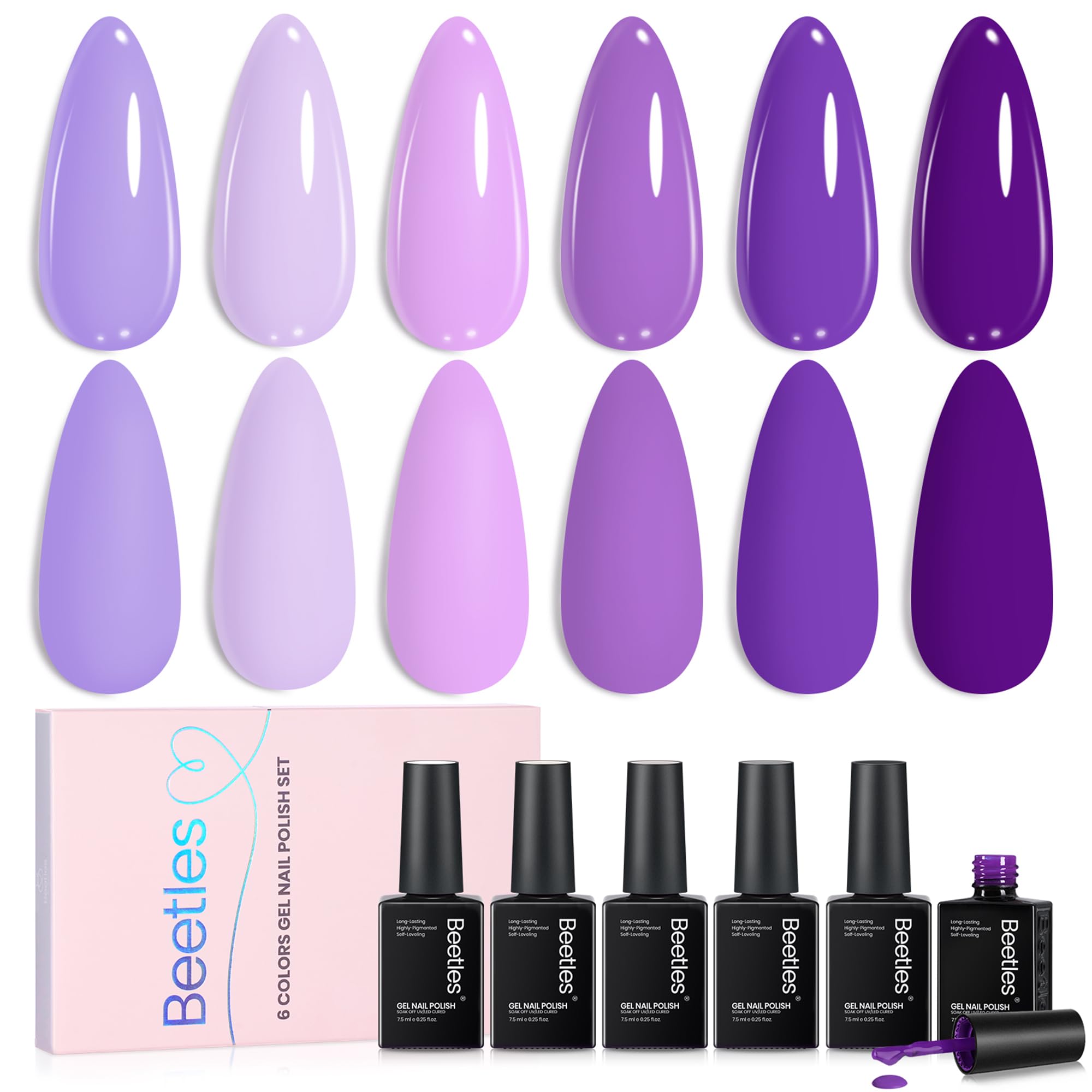 Beetles Purple Gel Polish Set violet collection bottle display for even color and long wear