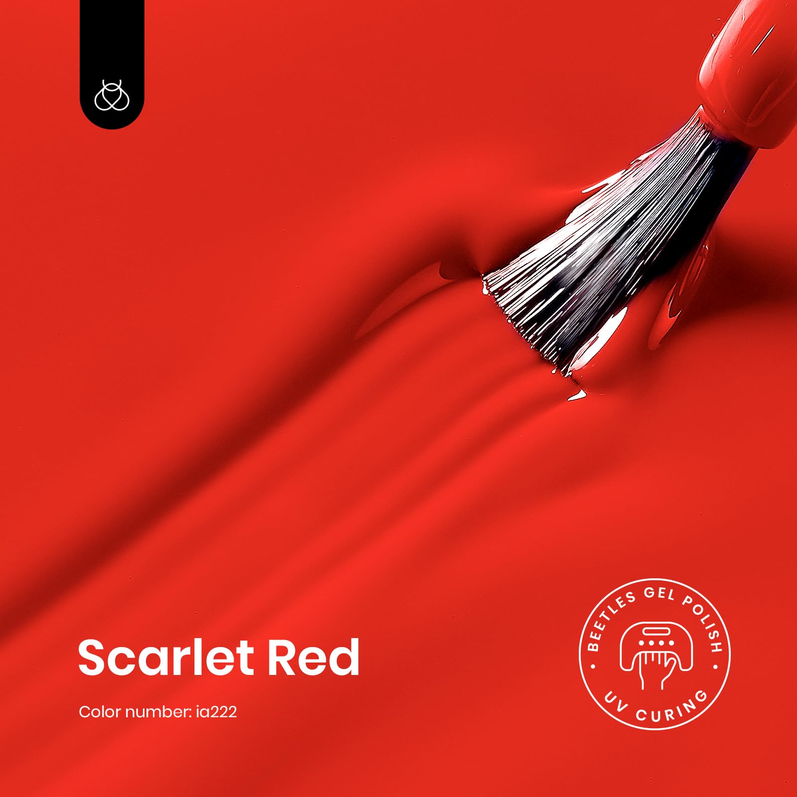 Beetles Red Gel Polish bottle close-up highlighting smooth brush-stroke application.