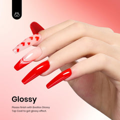 Beetles Red Gel Polish on nail shot showing rich color payoff with high-gloss finish.