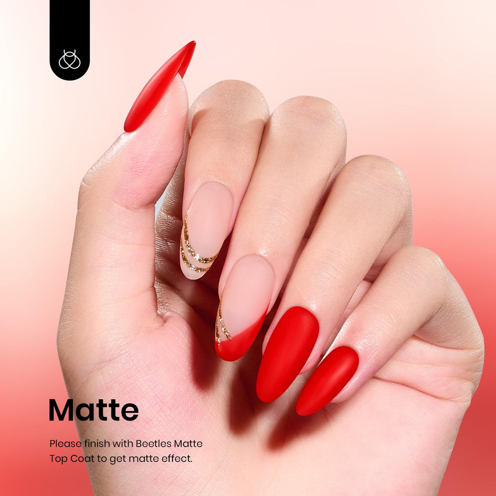 Beetles Red Gel Polish bottle with glossy swatch indicating durable wear.