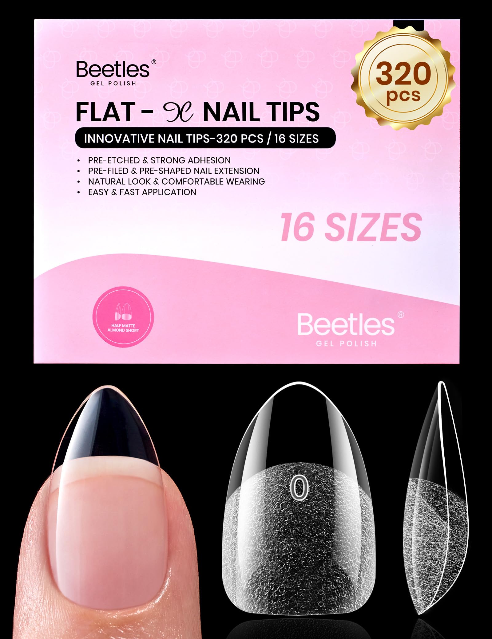Beetles Short Almond Nail Tips, clear pre-etched tips for fast at-home extensions.