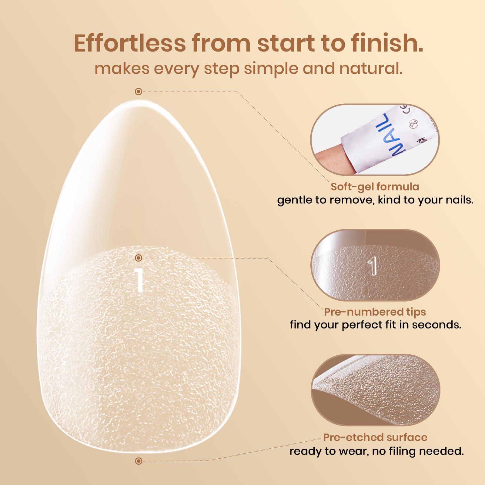 Beetles almond soft gel tips are low-odor and gentle on natural nails.