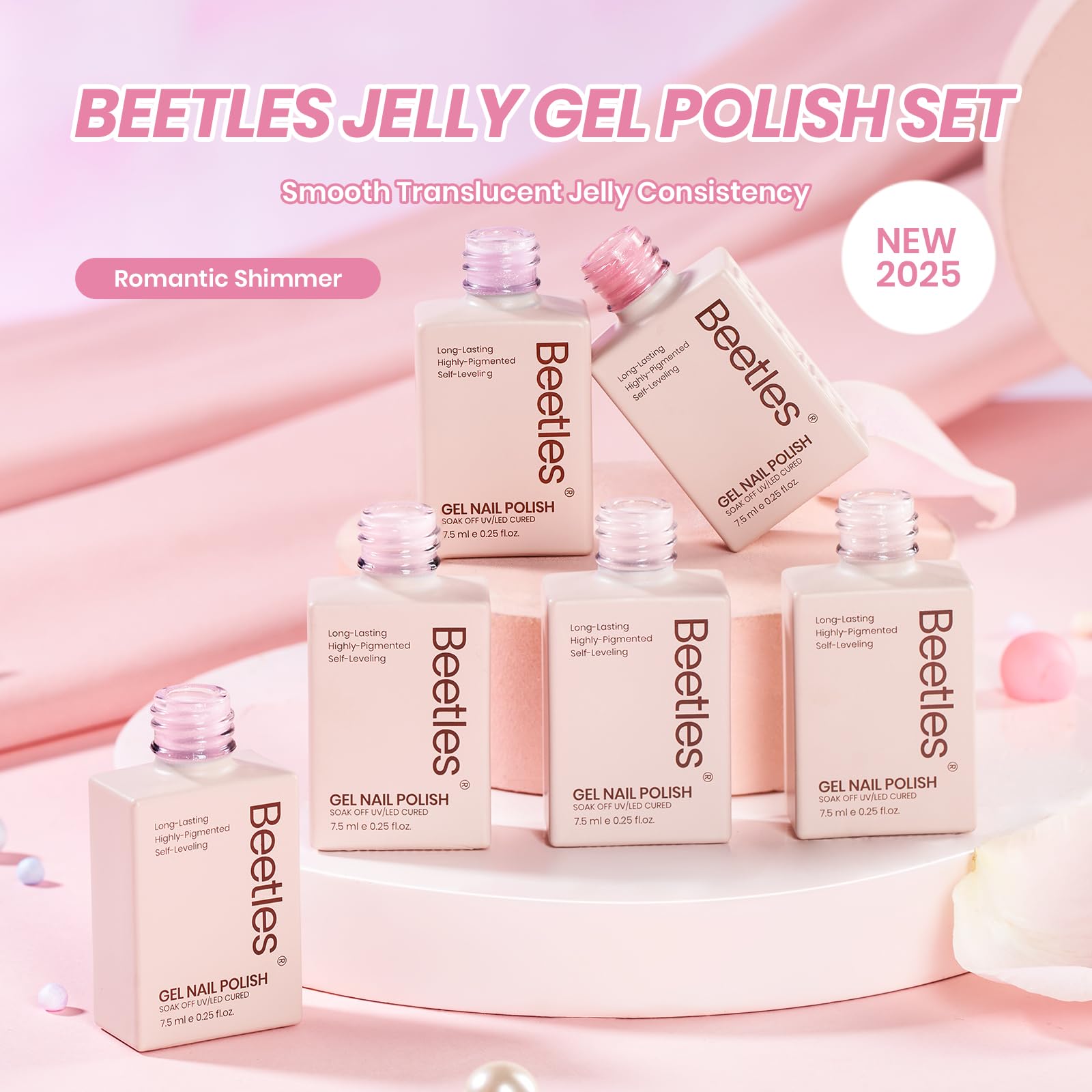 Beetles six-color jelly gel kit on nails with French-art vibe.