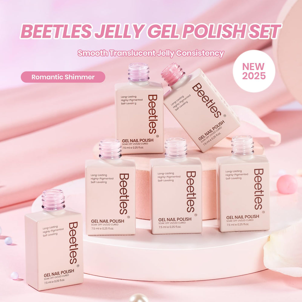 Beetles six-color jelly gel kit on nails with French-art vibe.