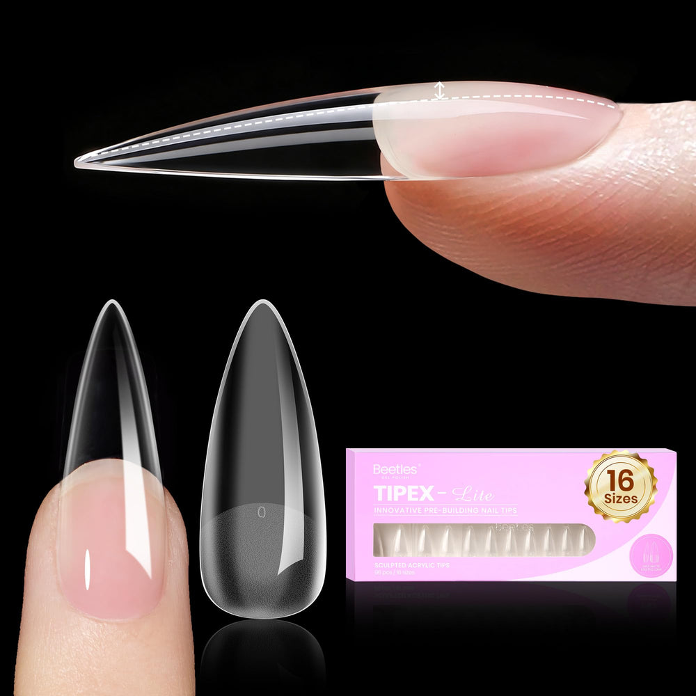 Beetles Tipex Lite tips close-up with built-in apex for stronger-looking nails.