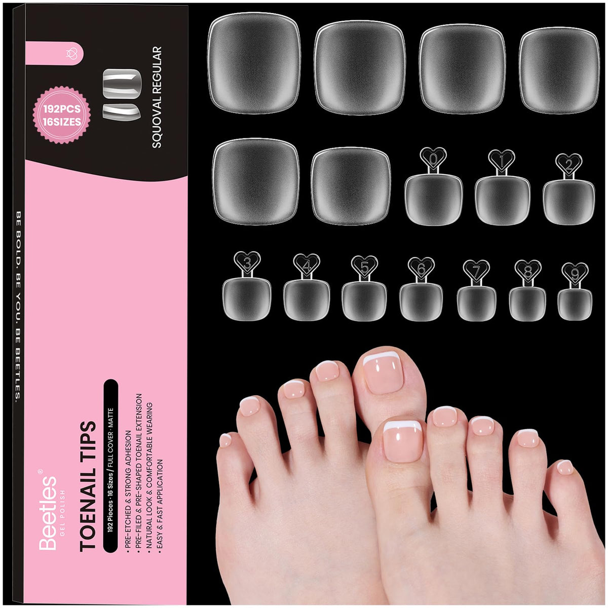 Beetles toe nail tips square: 192-piece set for precise at-home toe extensions.