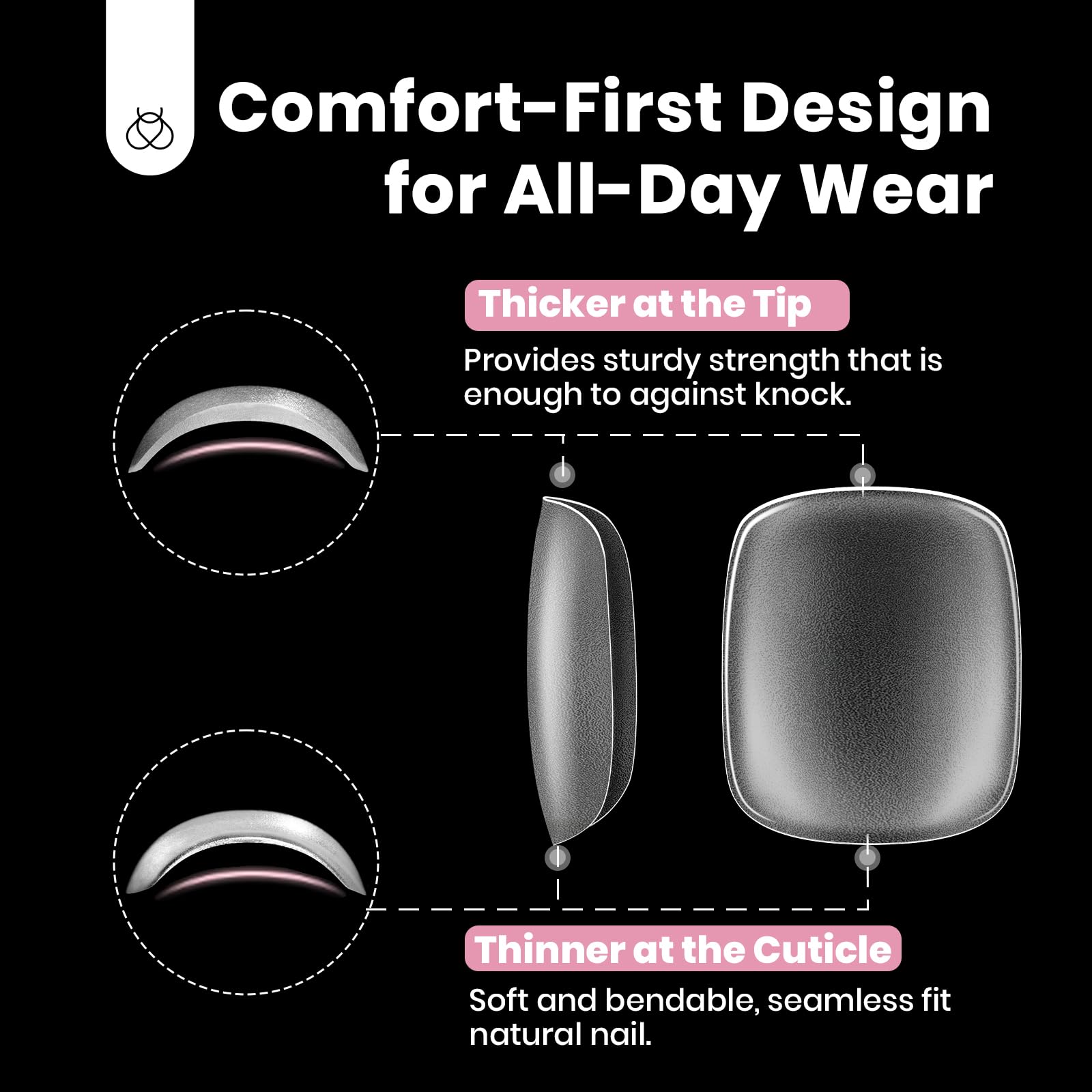 Beetles toe nail tips square thin back edge for natural fit.