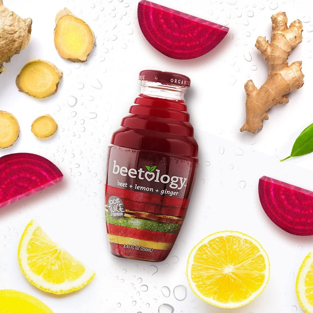 Beetology Organic Beet, Lemon and Ginger Juice 6-pack packaging for on-the-go refreshment.
