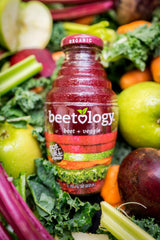 Beetology Beet Cherry label close-up suggests bold fruity profile.