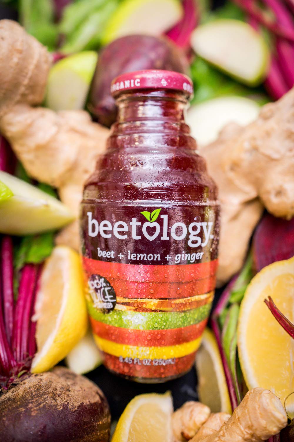 Beetology Beet Lemon Ginger label close-up emphasizes refreshing citrus zing.