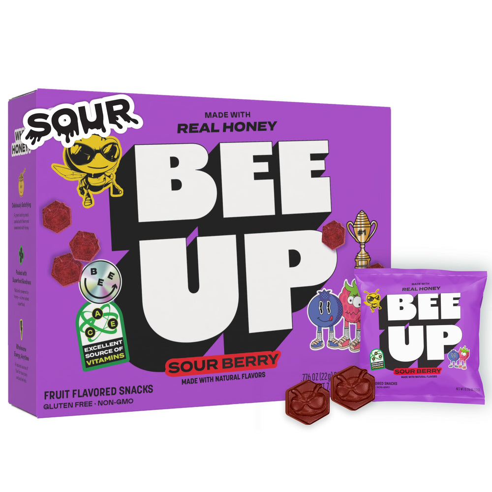 BeeUp Sour Berry pouch showing tangy fruit flavor with honey for school snacks.