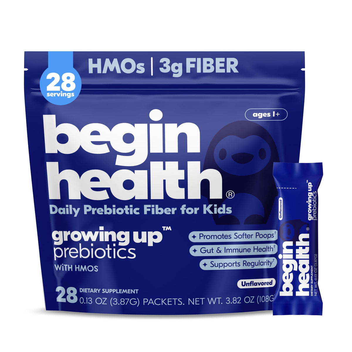 Begin Health Growing Up Prebiotics bottle pour for easy dosing in kids