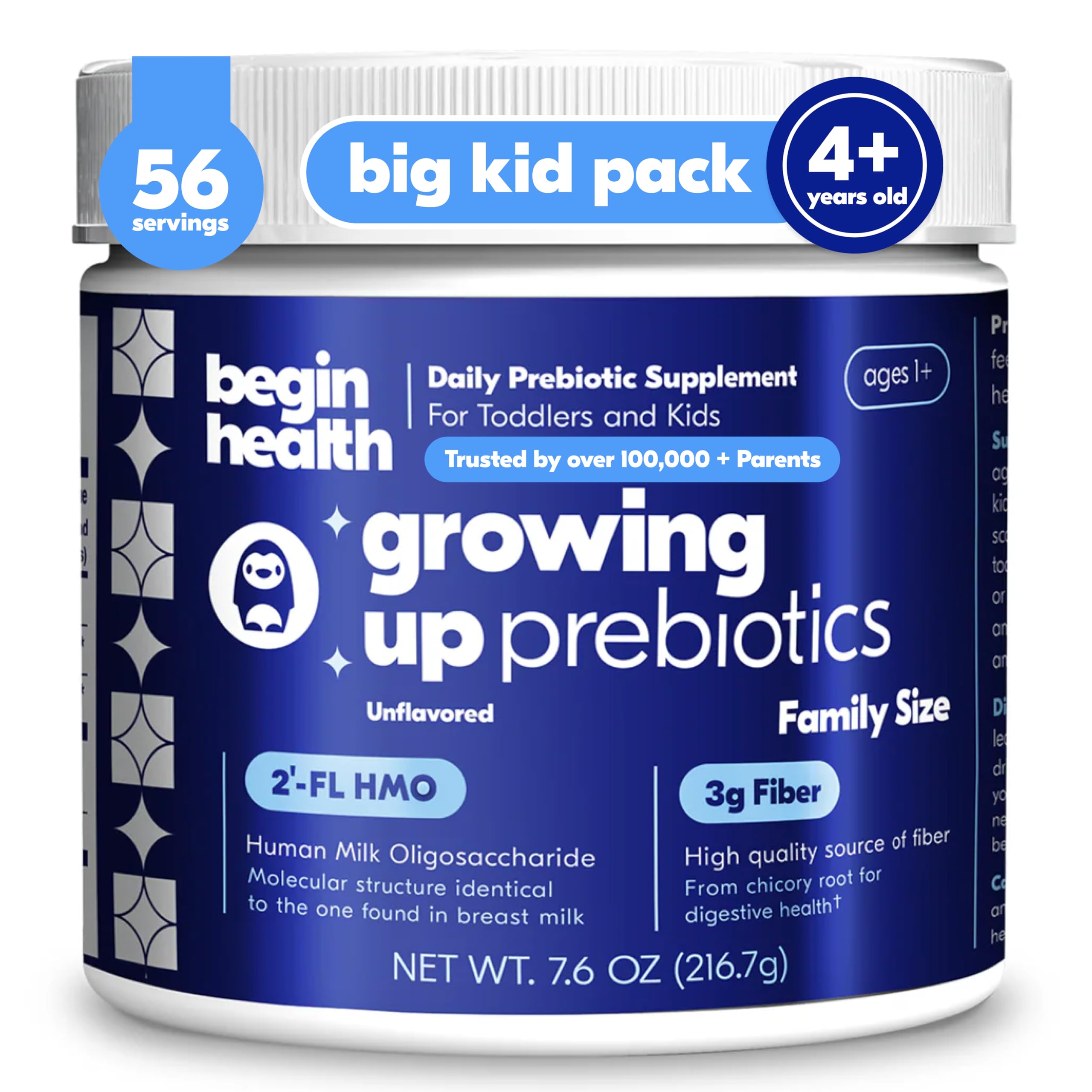 Begin Health Growing Up Prebiotics powder in bottle for daily kid digestion