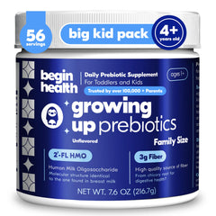 Begin Health Growing Up Prebiotics powder in bottle for daily kid digestion