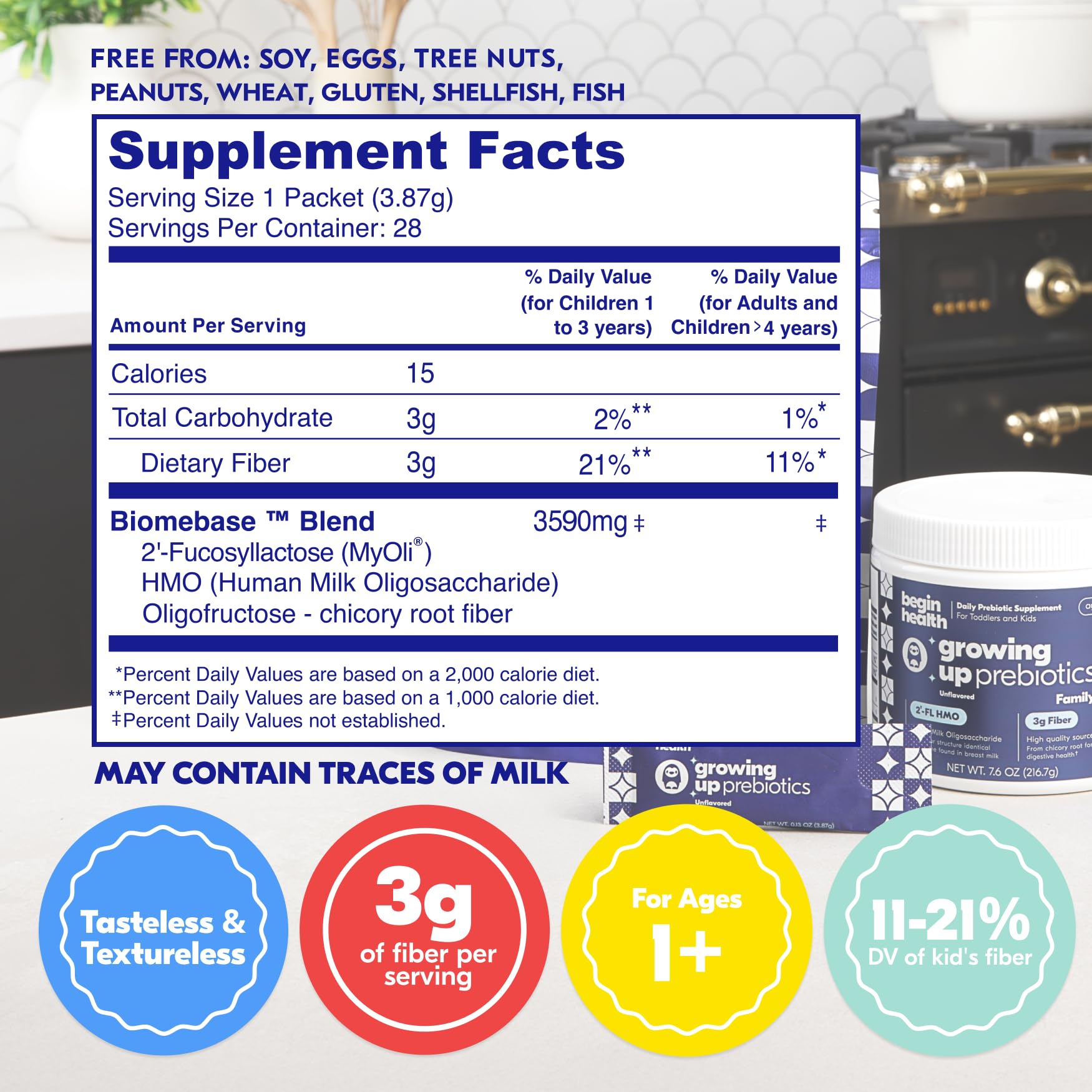 Begin Health Growing Up Prebiotics scoop beside bottle to measure a gentle daily dose