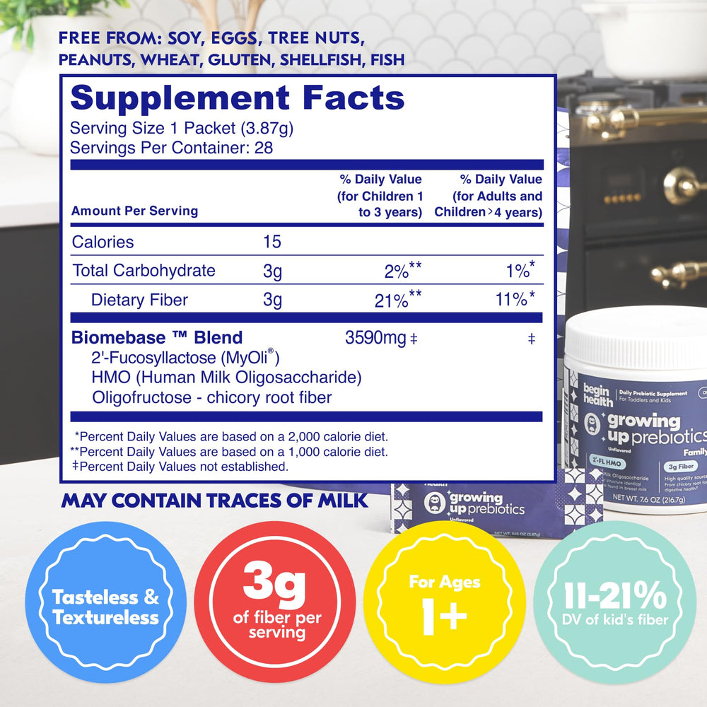 Begin Health Growing Up Prebiotics scoop beside bottle to measure a gentle daily dose