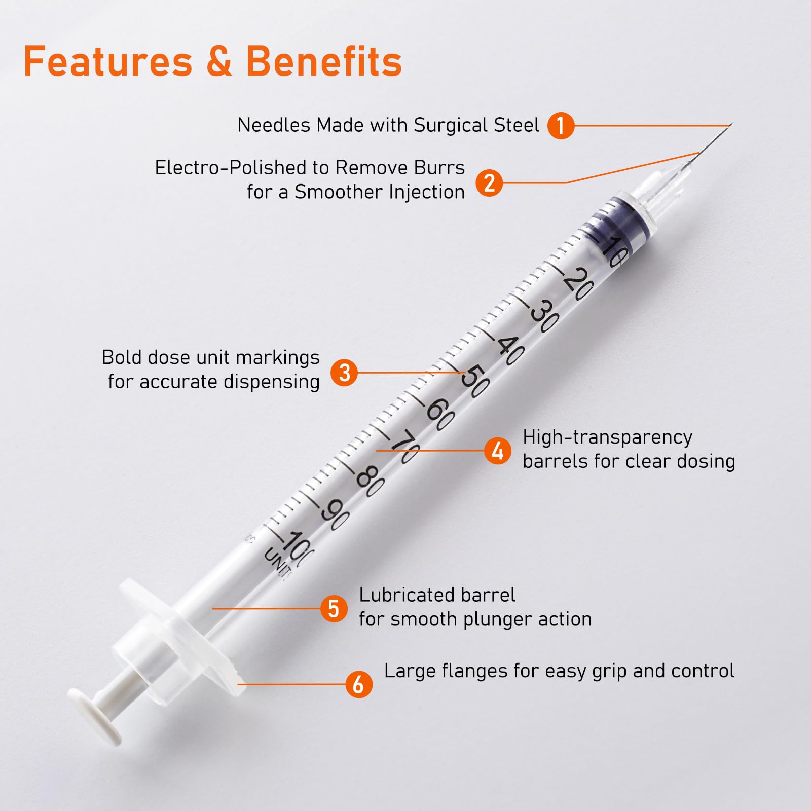 Beicok 1ml syringe with clear graduations for precise measurement.