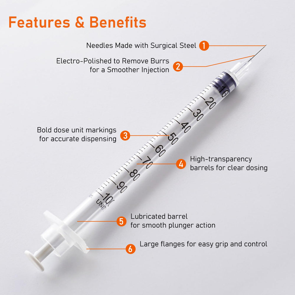 Beicok 1ml syringe with clear graduations for precise measurement.