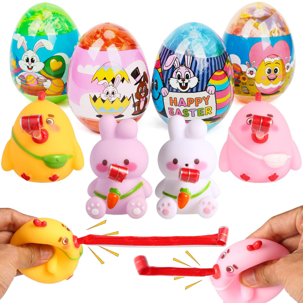 BEIGUO Easter egg tongue-out squeeze toy 4-pack, ideal for egg hunts.