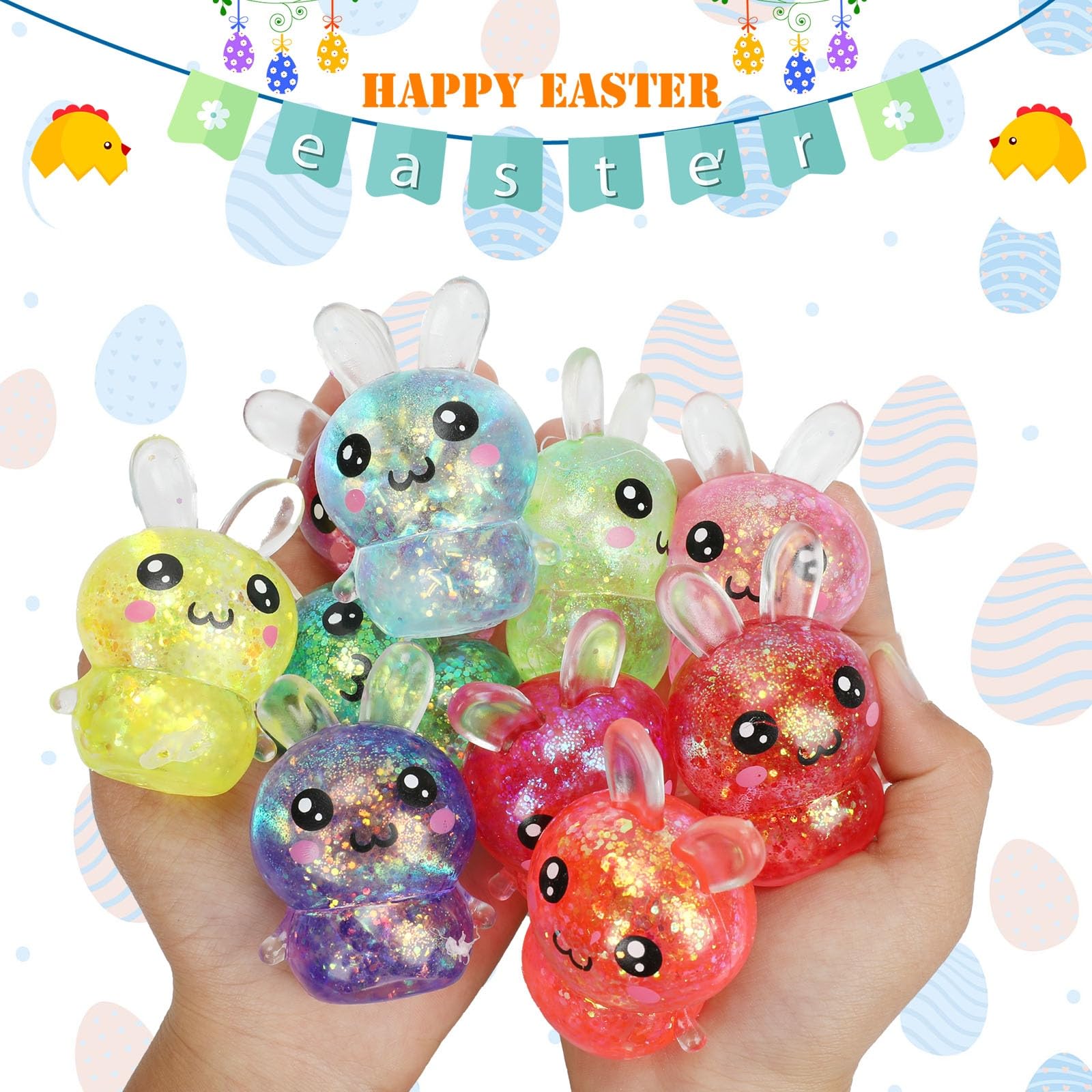 BEIGUO glitter bunny stress ball being squeezed for sensory use