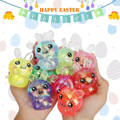 BEIGUO glitter bunny stress ball being squeezed for sensory use