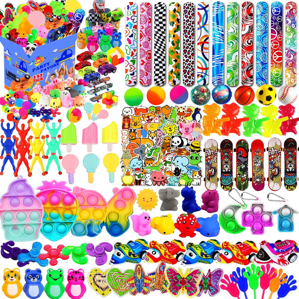 Beilunt 132-pcs party favors gift box showcasing assorted toys for classroom prizes.
