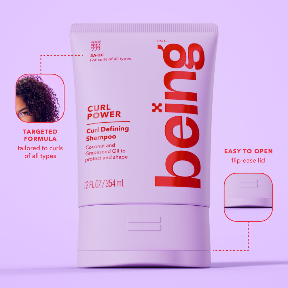 Conditioner label closeup on BEING INC CURL POWER emphasizes detangling benefits.
