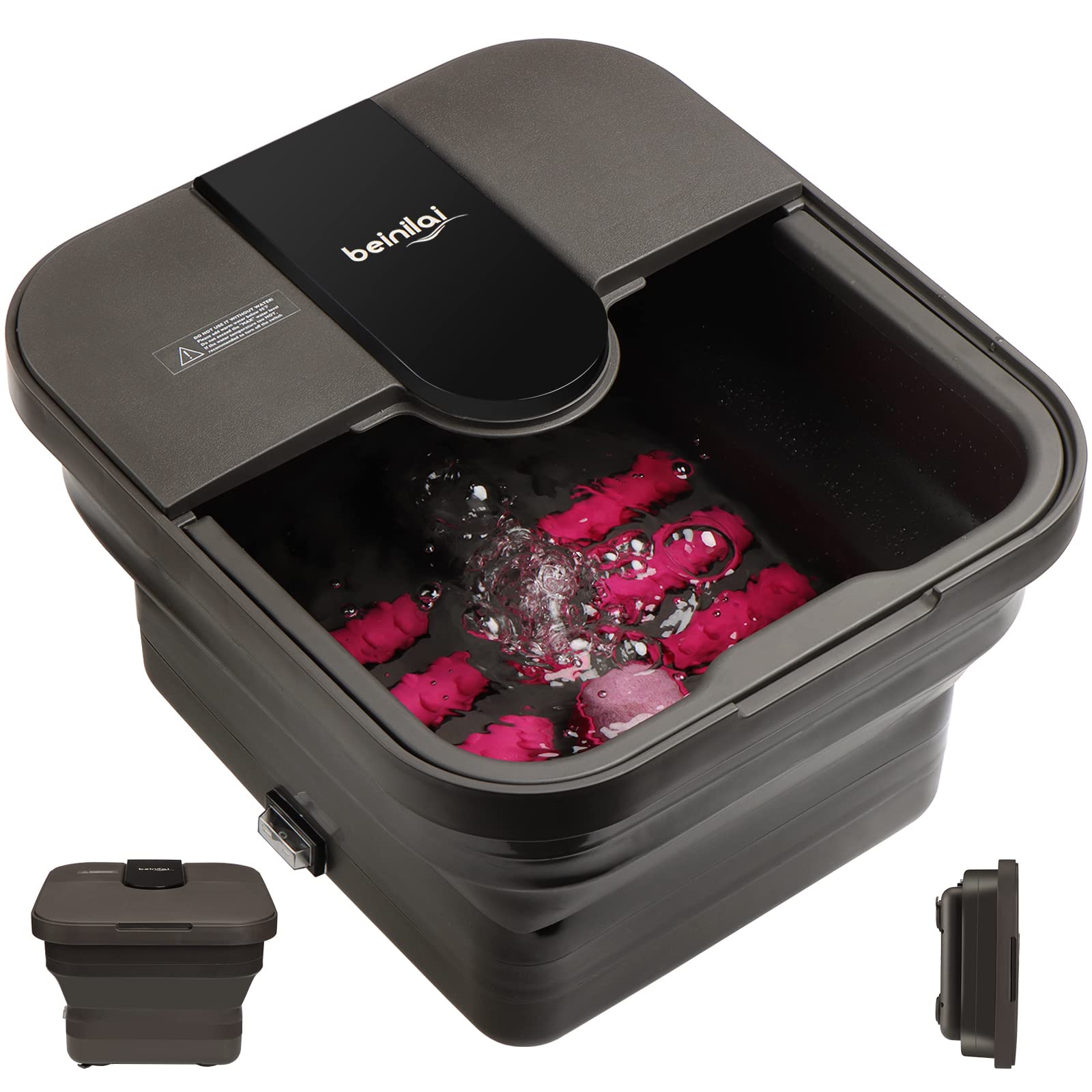 Beinilai collapsible foot spa showing heated water and bubble action for a relaxing soak