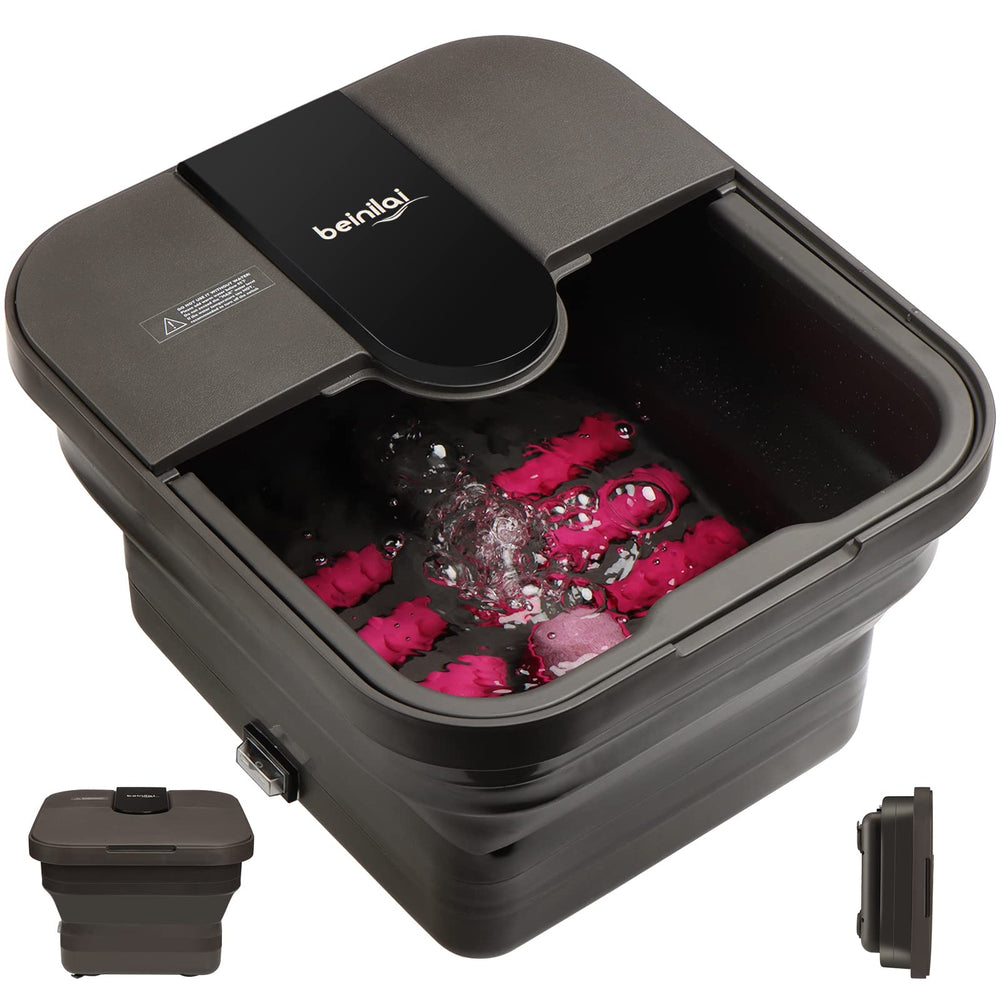 Beinilai collapsible foot spa showing heated water and bubble action for a relaxing soak