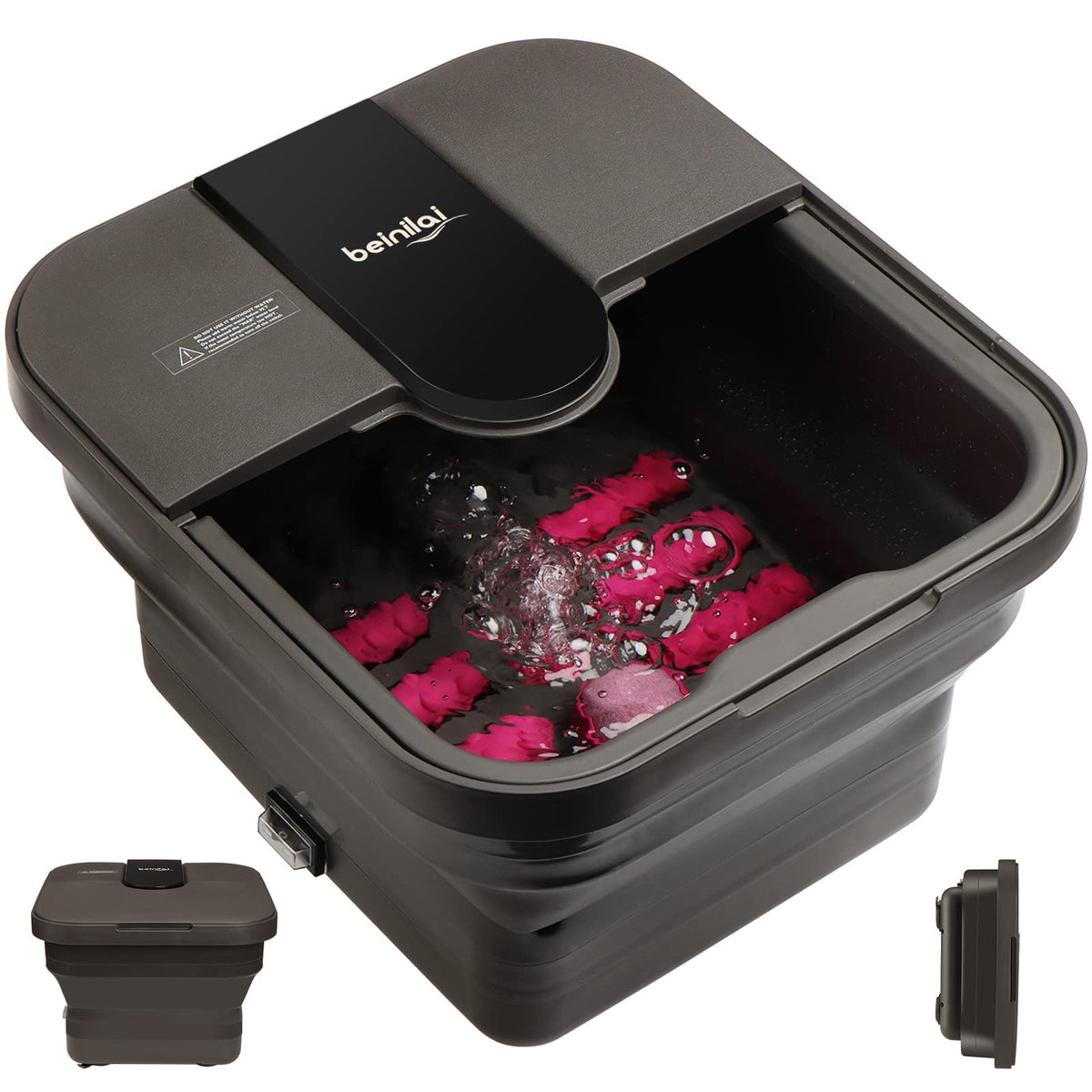 Beinilai collapsible foot spa showing heated water and bubble action for a relaxing soak