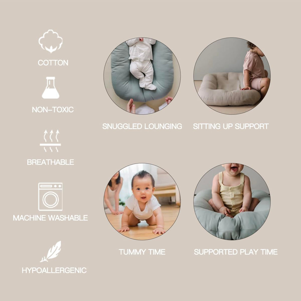 Beisurznga infant cushion demonstrates supervised-use label reassuring caregivers during awake times