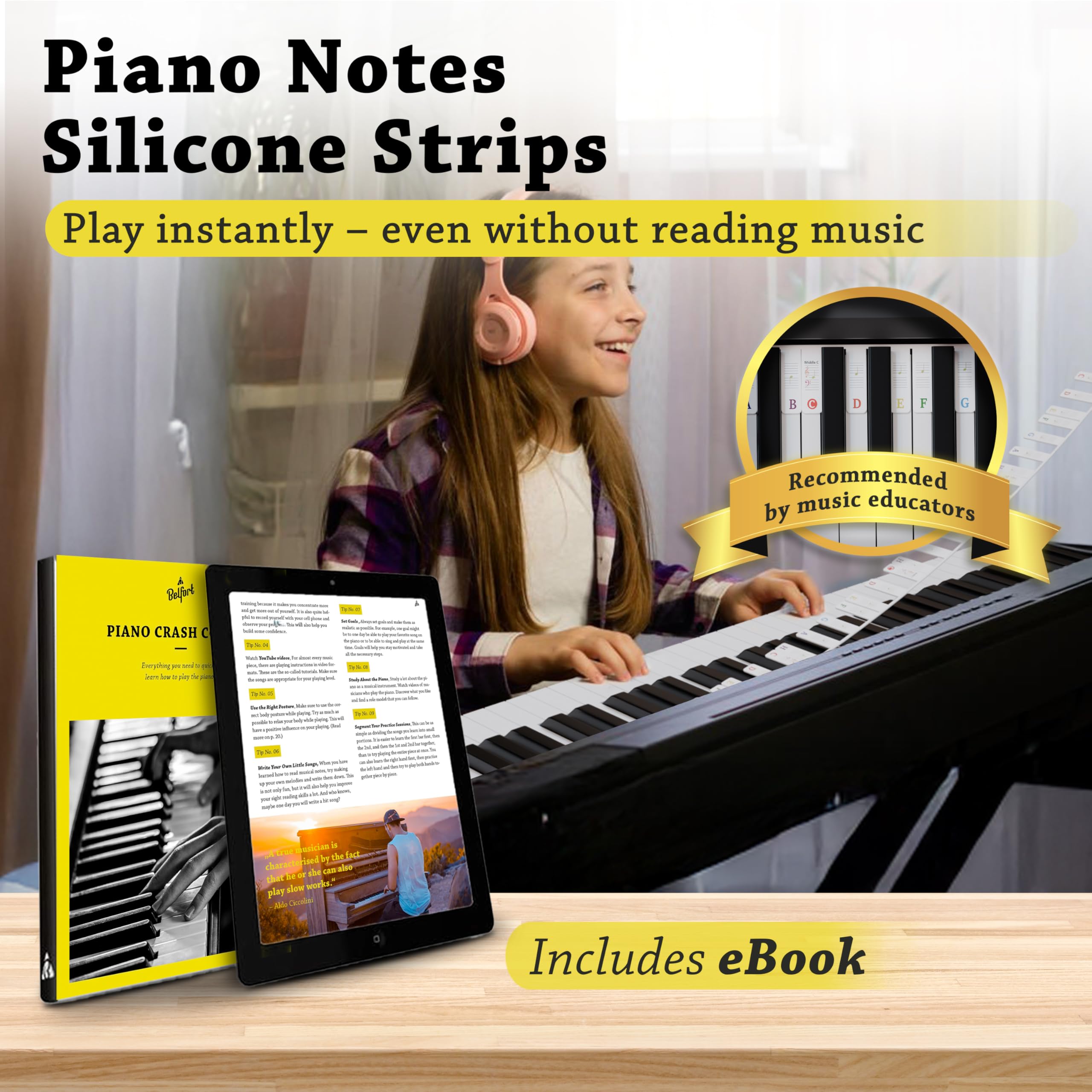 Belfort removable piano stickers on 61-key keys for portable practice