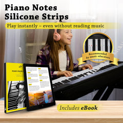 Belfort removable piano stickers on 61-key keys for portable practice