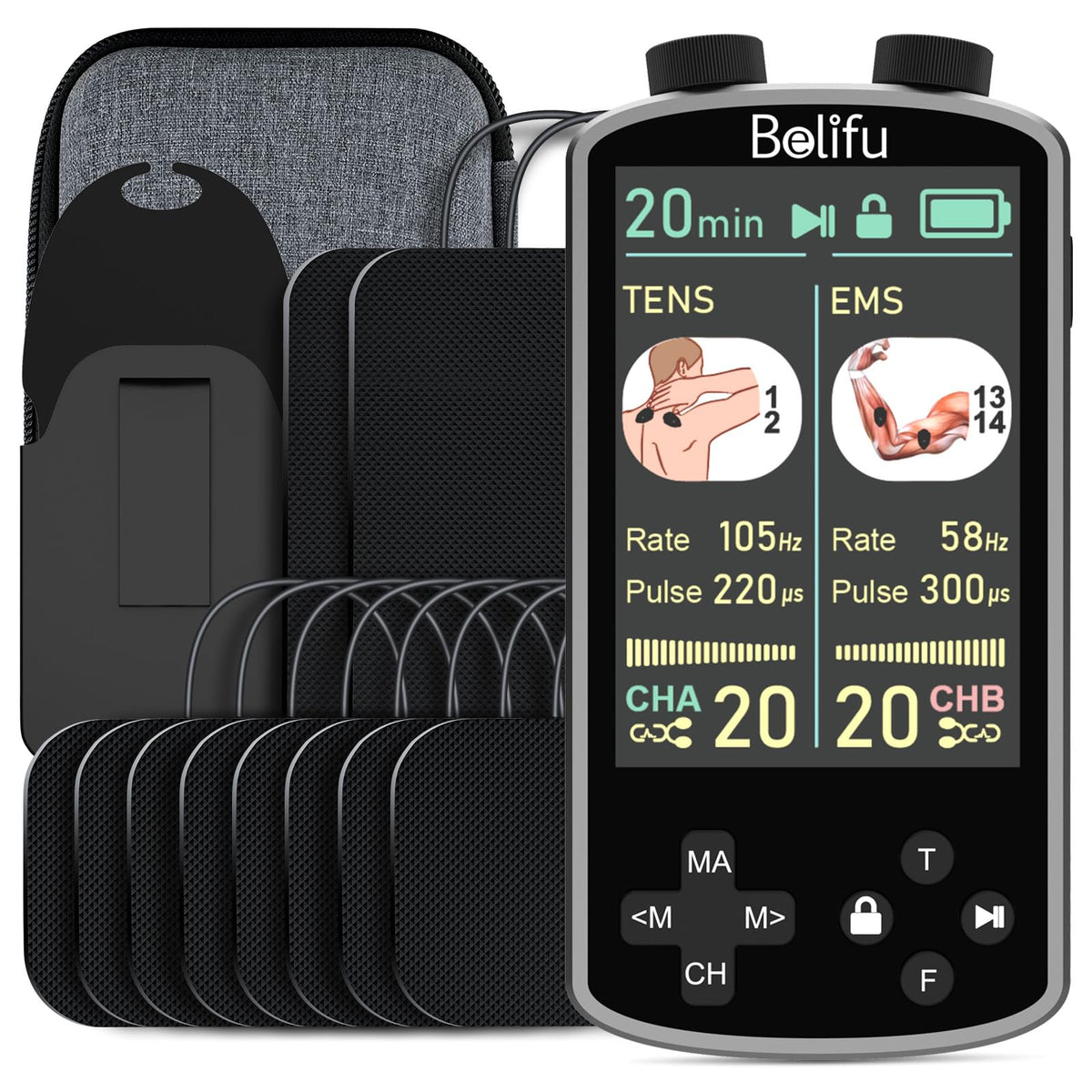 Belifu TENS EMS unit with 3.8-inch color display for clear therapy setup.