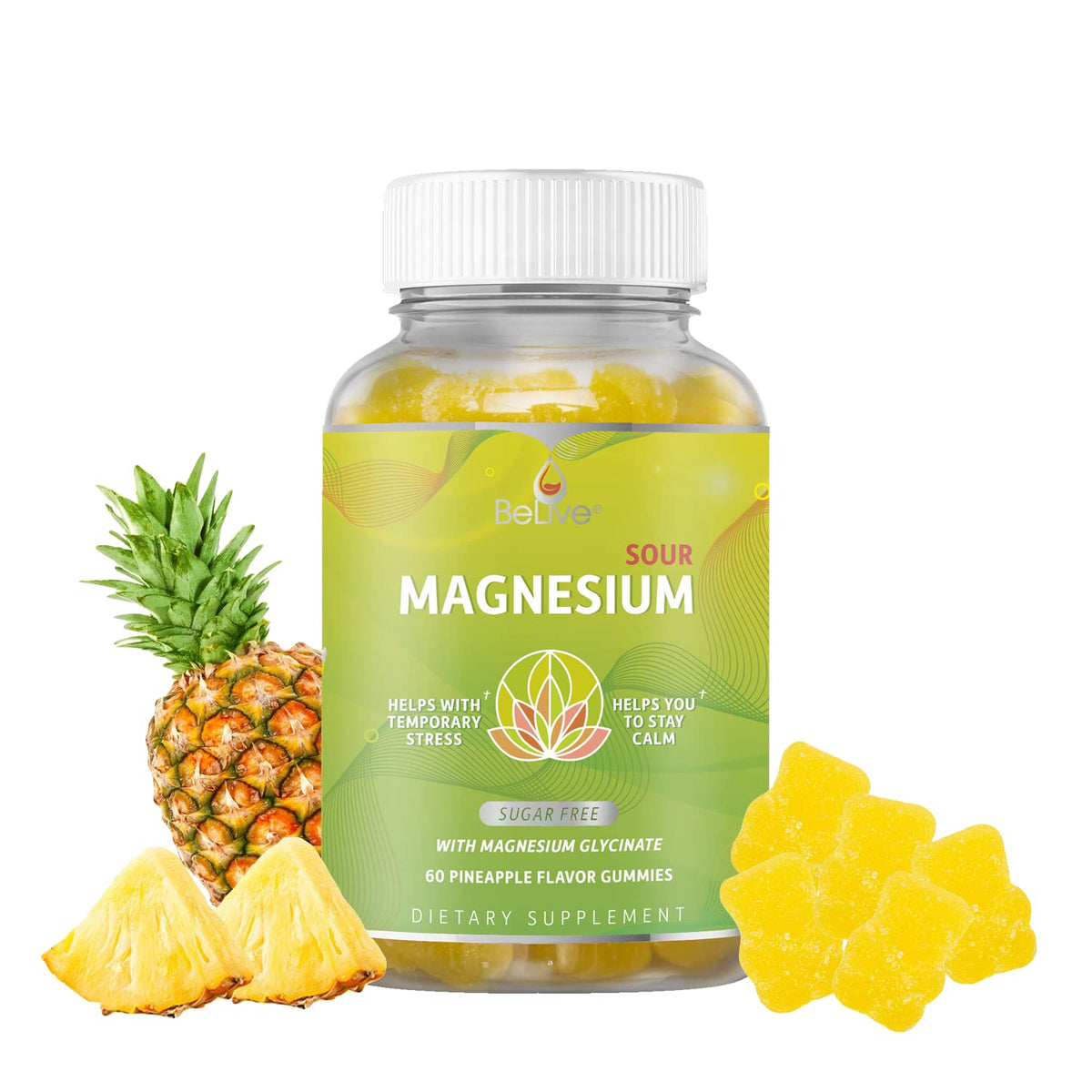 BeLive magnesium gummies bottle with pineapple flavor for calm evenings