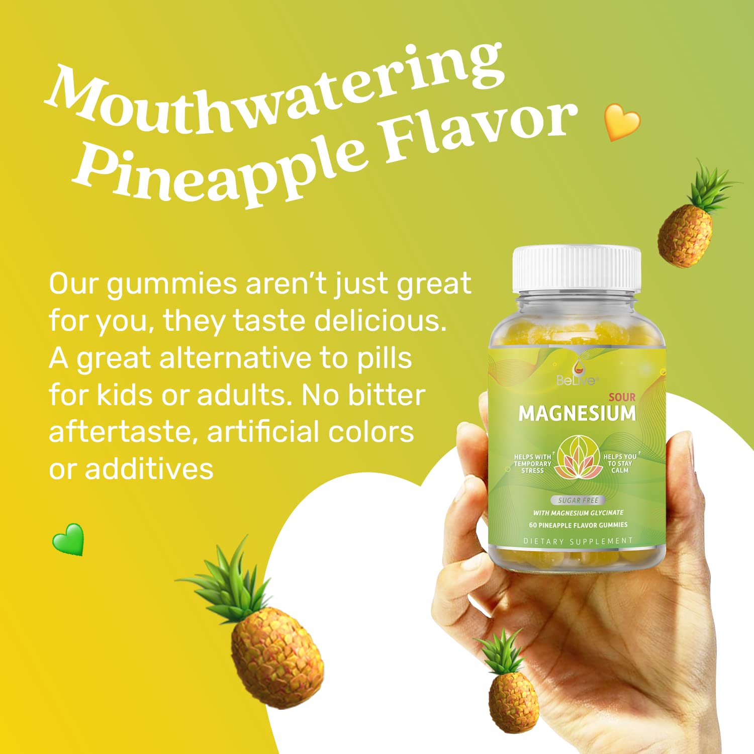 Sand-coated BeLive gummies on a label-ready bottle