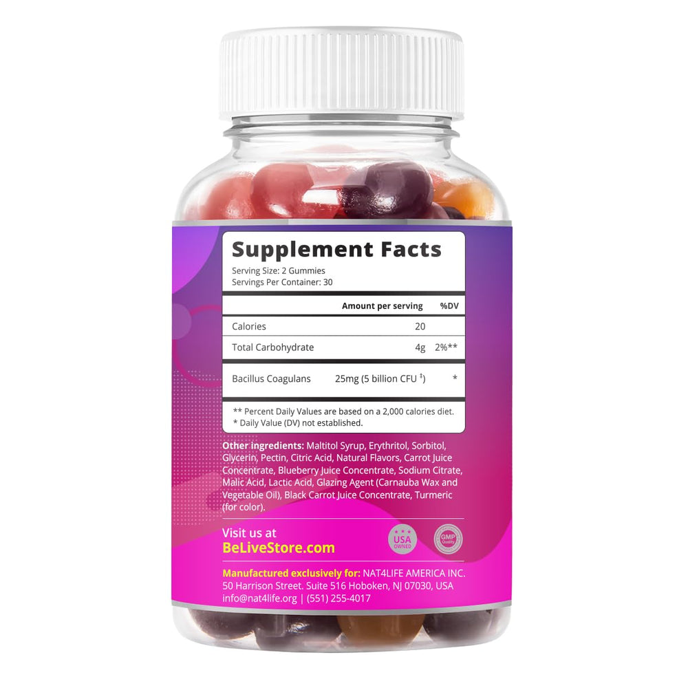 BeLive Probiotic Gummies bottle back with CFU details and vegan notes