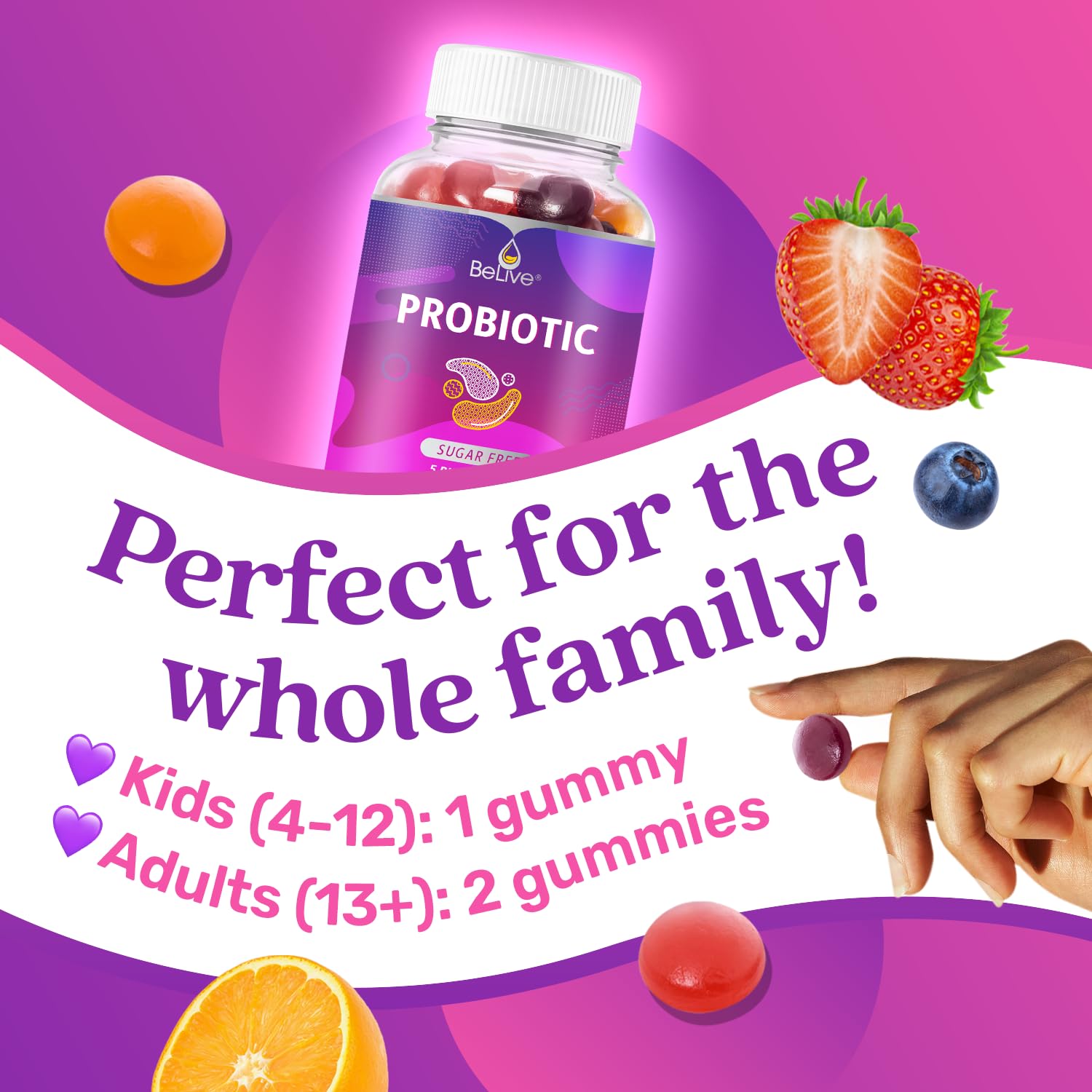 BeLive Probiotic Gummies flavor variety—blueberry, strawberry, and orange