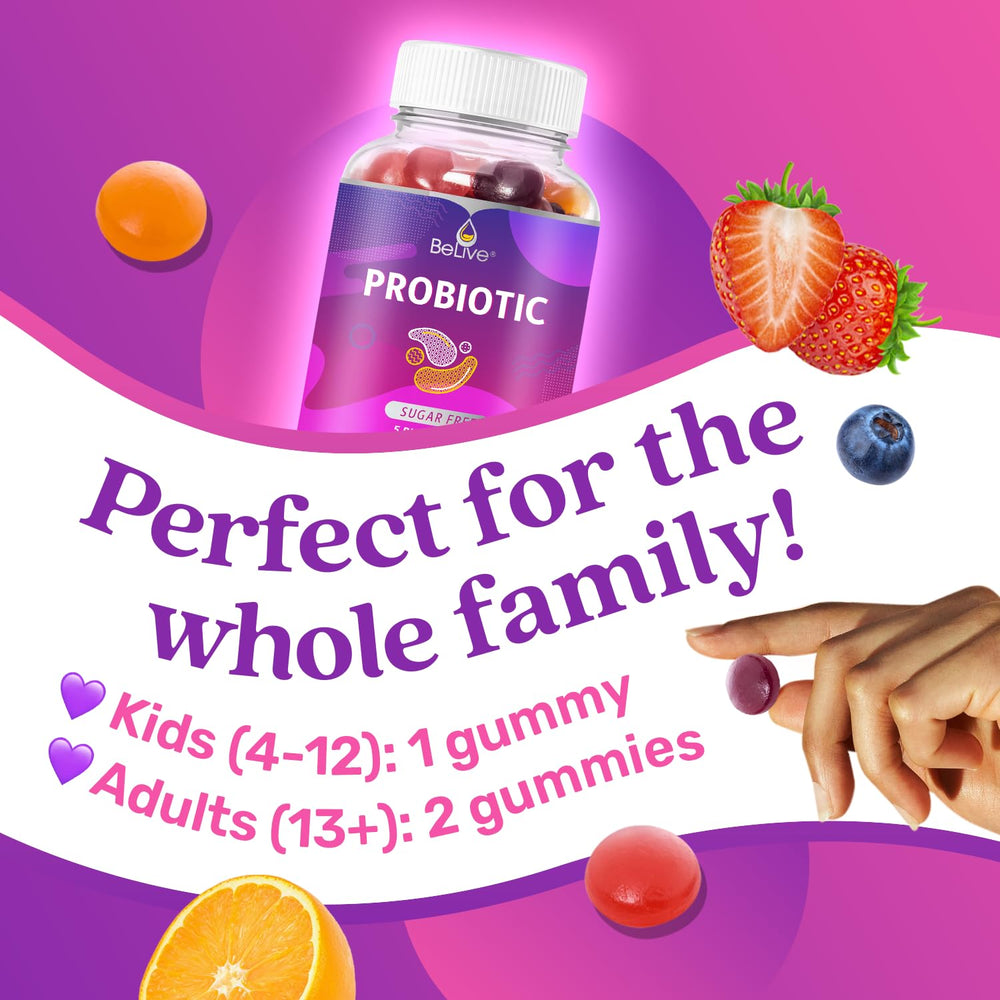 BeLive Probiotic Gummies flavor variety—blueberry, strawberry, and orange