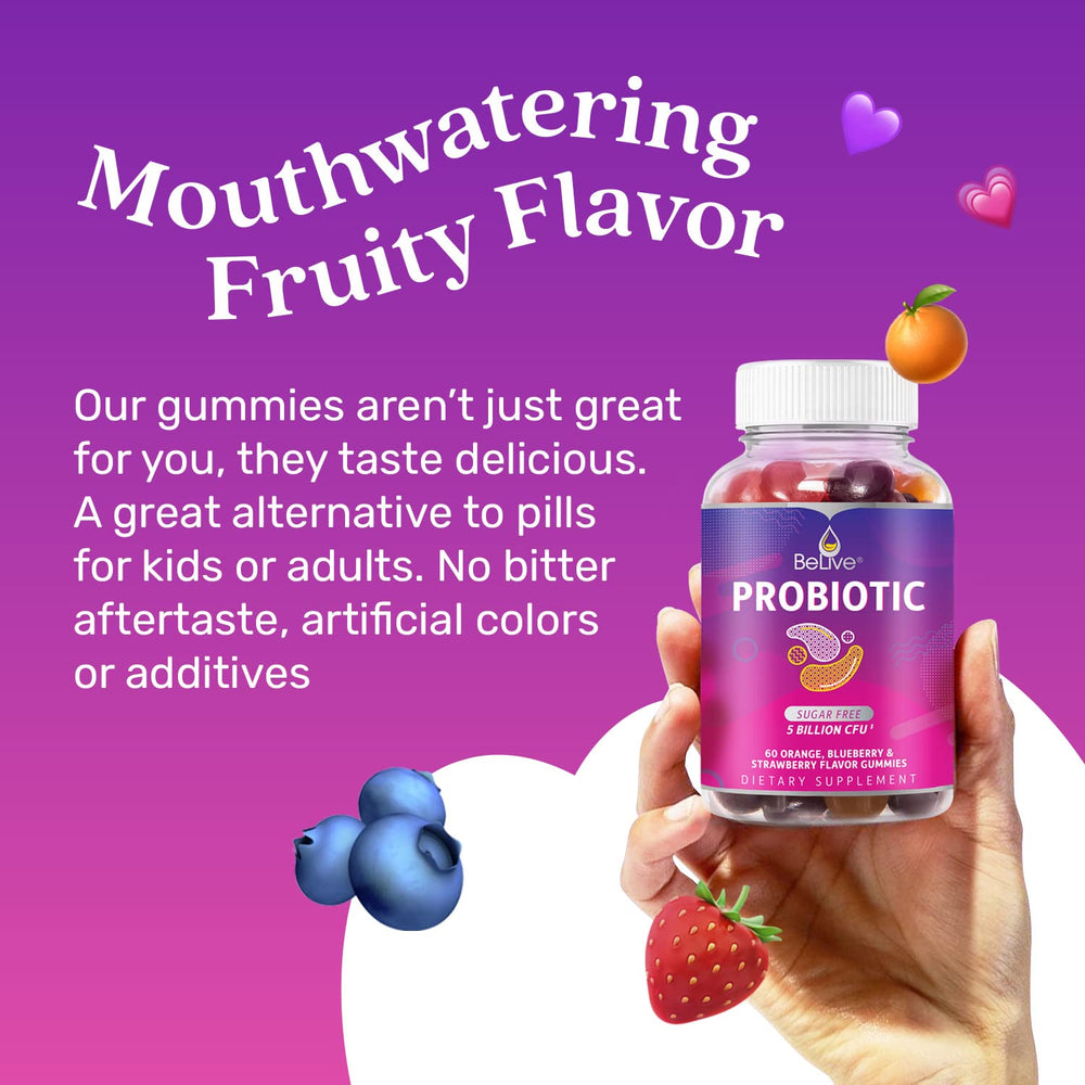 BeLive Probiotic Gummies ingredient label—vegan and sugar-free formula