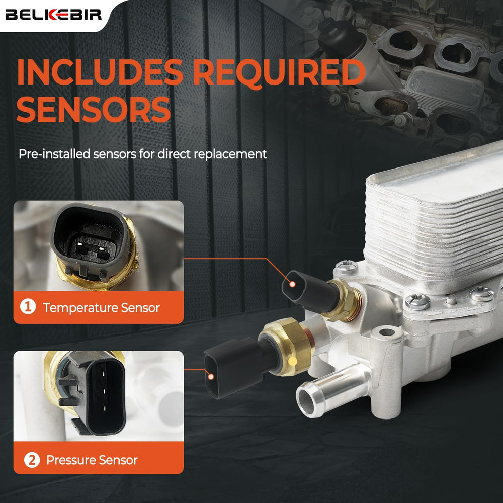 BELKEBIR close-up reveals sturdy, leak-free aluminum engine oil cooler housing.