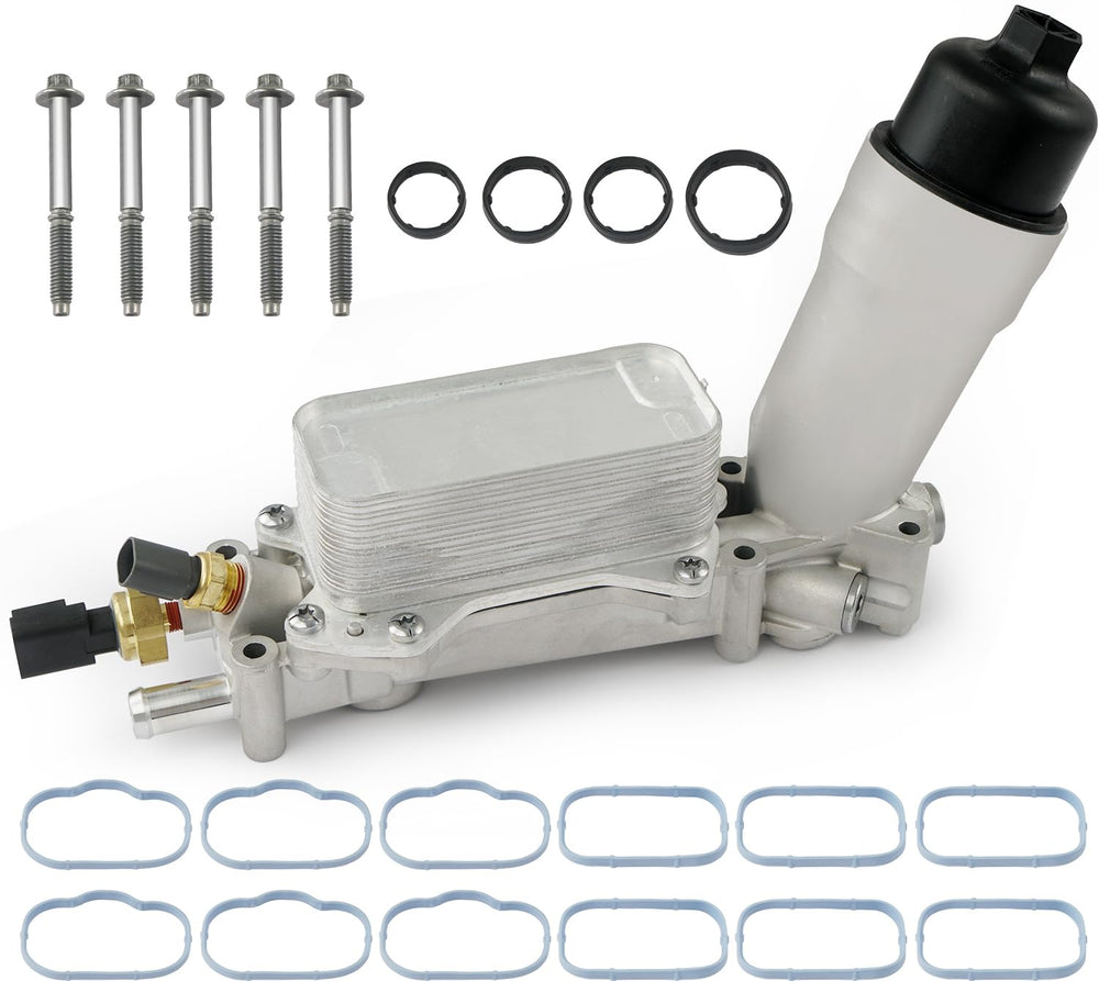 BELKEBIR front view of the oil cooler housing showing durable aluminum construction.
