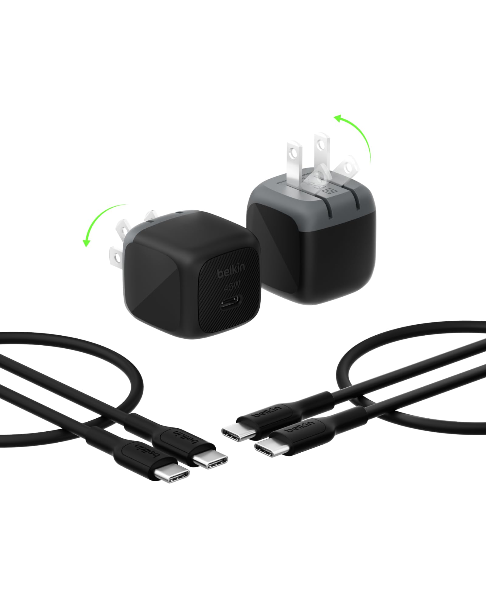 Belkin 45W USB-C charger block with foldable design for travel charging.
